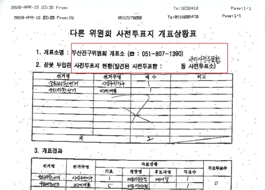 ‘다른 위원회 사전투표지 개표상황표’에 작성돼 있는 ‘부산 진구 개표소에서 발견된 부산 사상구 지역구 및 비례대표 투표지’ 현황 © 제보자 제공